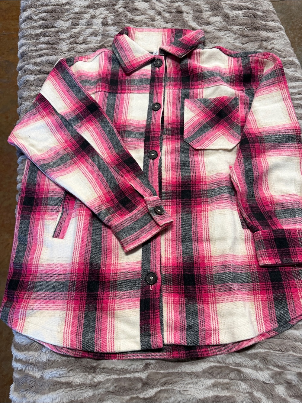 Zenana Pink Black White Plaid Button-Front Shacket